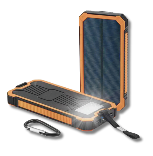 Powerbank med solceller, ficklampa och USB-utgångar för laddning utan el
