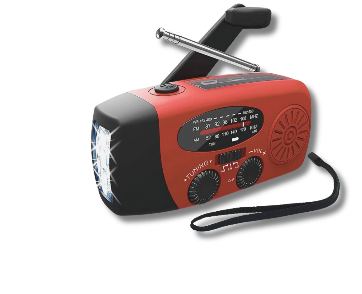 Nödradio med vev, solcell & ficklampa