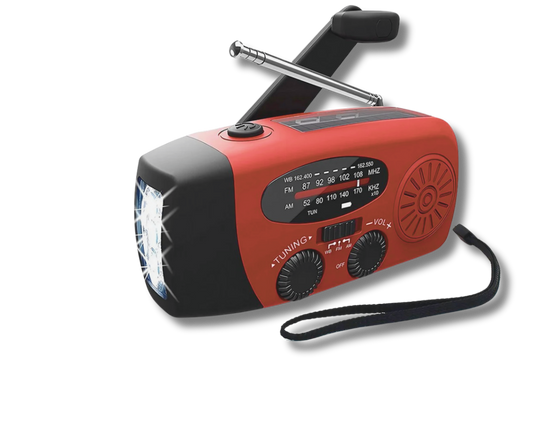 Nödradio med vev, solcell & ficklampa