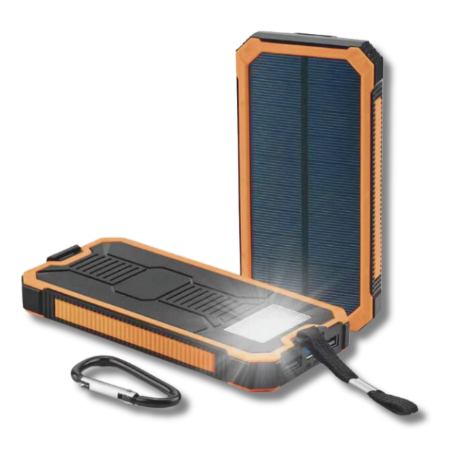 Powerbank med solceller, ficklampa och USB-utgångar för laddning utan el