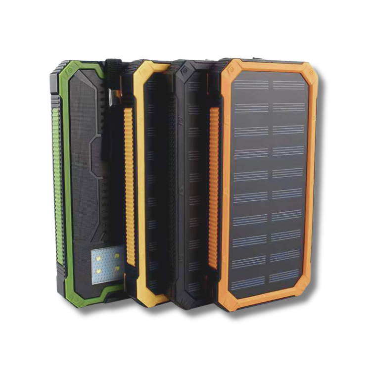 Illustration av robust powerbank med solceller, ficklampa, USB-portar och LED-display för krisberedskap